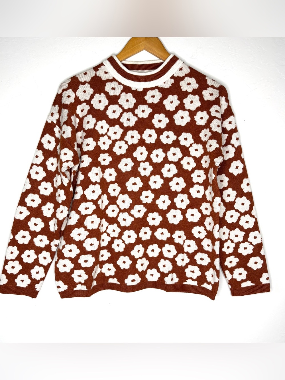 Soft floral flower sweater mock crewneck pullover pretty garden large fall